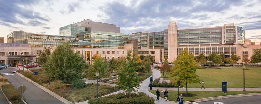 Wide view of Duke Medicine Circle, to include the Duke Clinic, Duke Cancer Center and Duke Medicine Pavilion