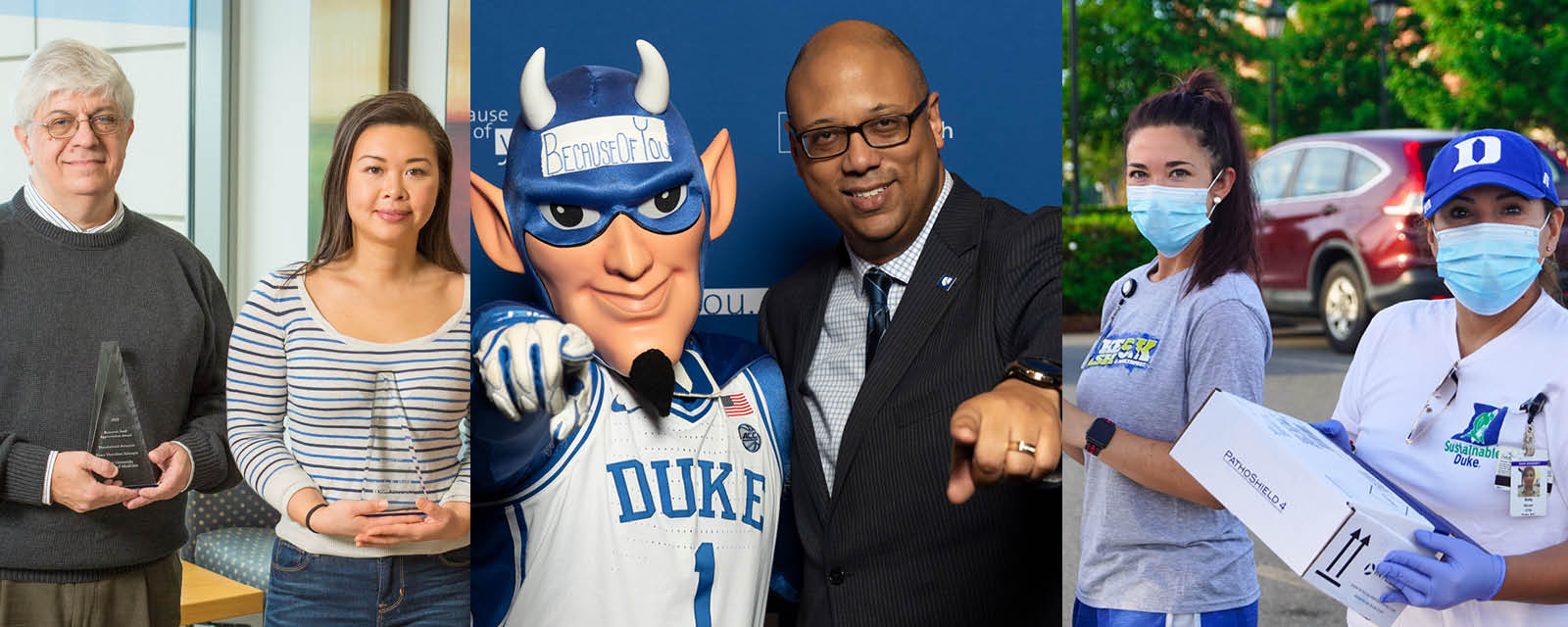 photos of various Duke Staff, one with the Duke Blue Devil Mascott