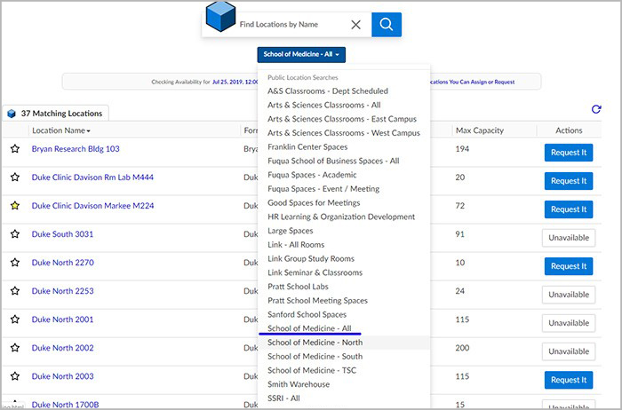 Screenshot of the 25Live room booking system