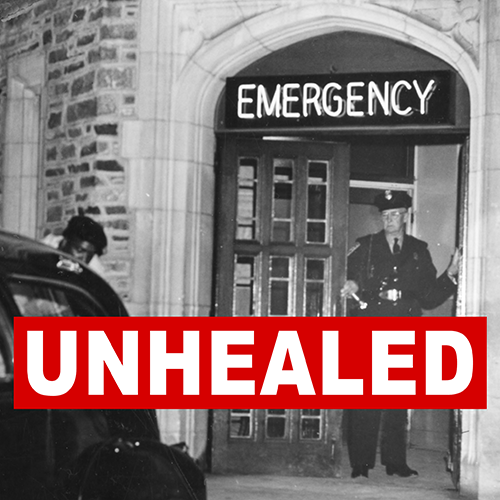Unhealed podcast icon - vintage photo of the old Duke Emergency room entrance